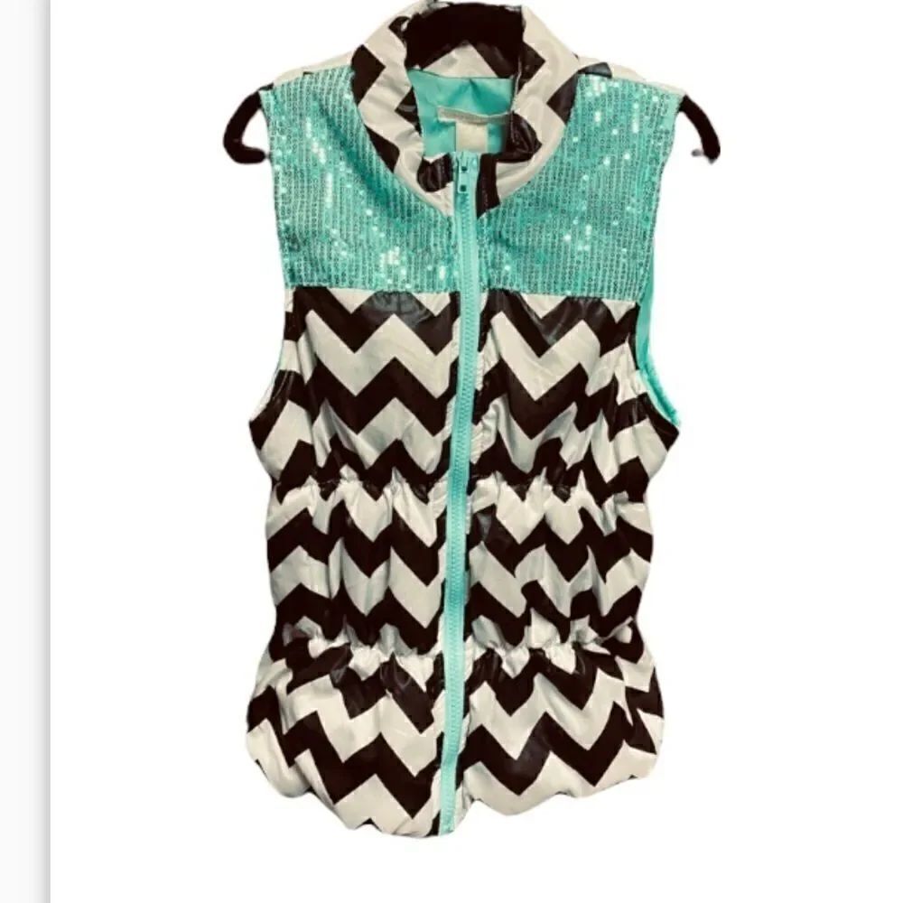 Self Esteem Black Chevron W/Teal Sequins Puffer Vest